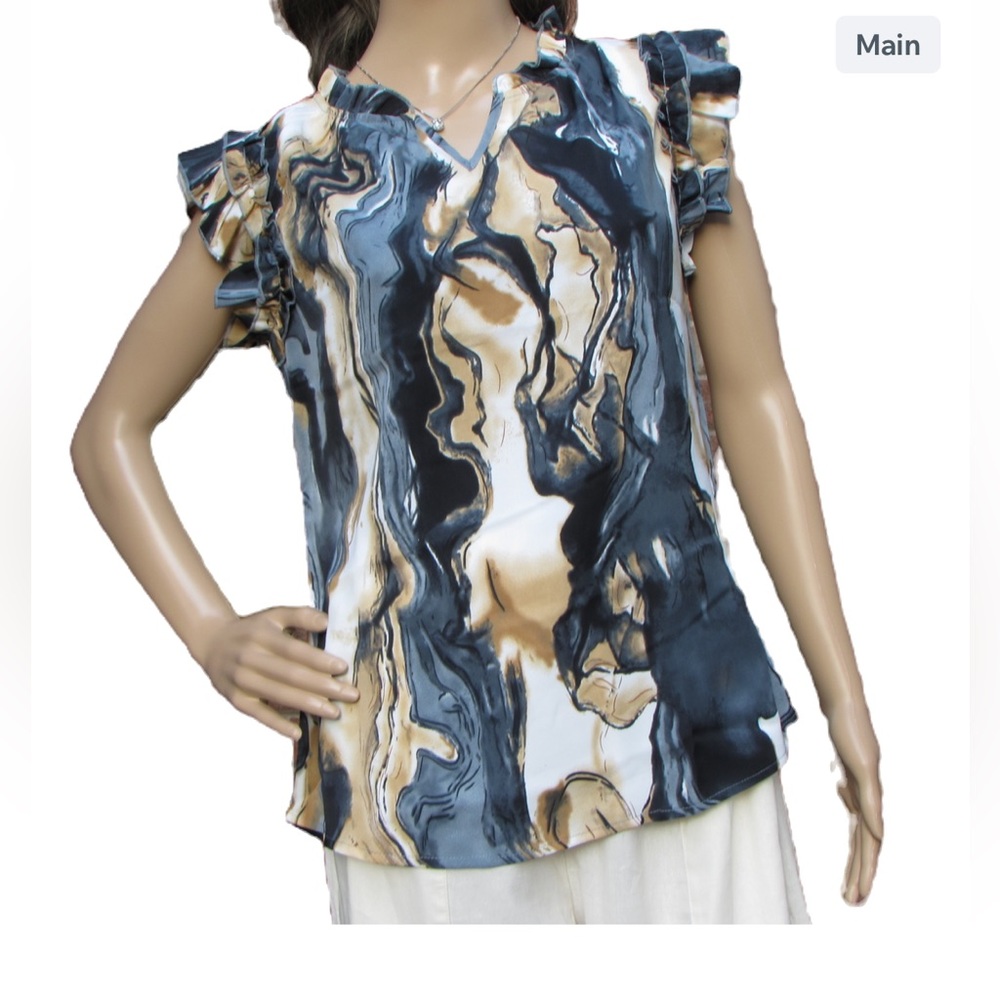Blue pattern Tunic Ruffle Blouse